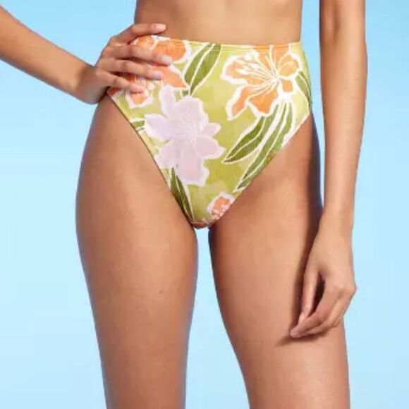 * NWT Shade & Shore XL (16) Ribbed High Waist Floral Bikini Swim Bottom Tropical - Picture 1 of 6